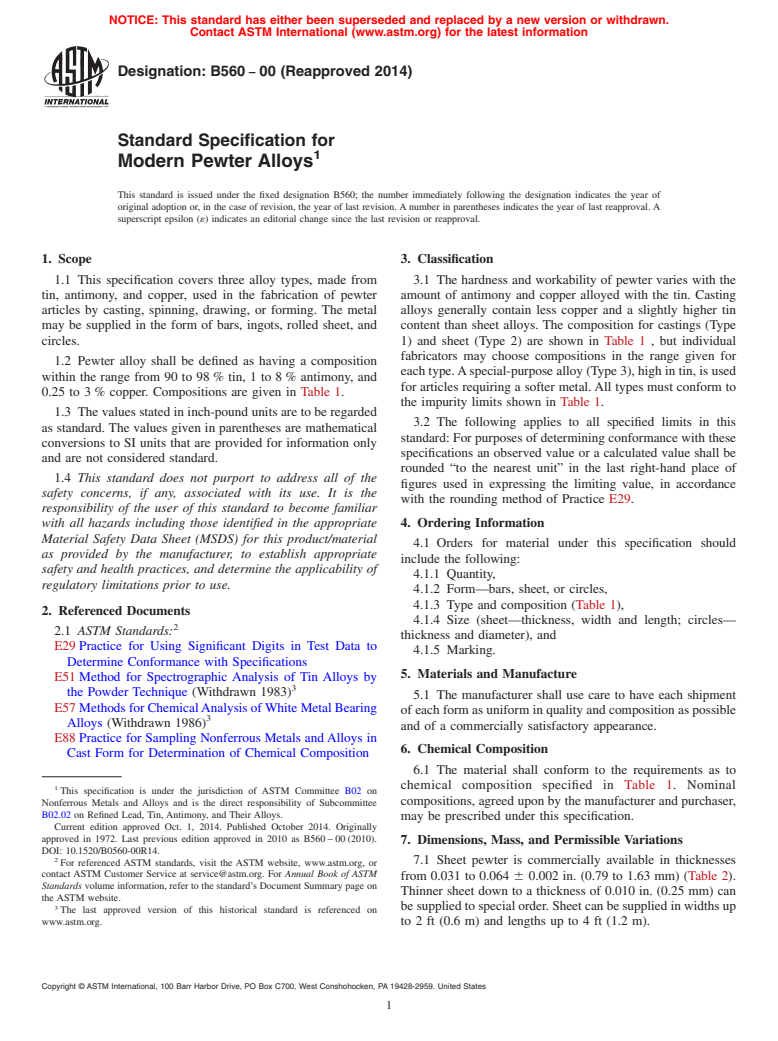 ASTM B560-00(2014) - Standard Specification for Modern Pewter Alloys