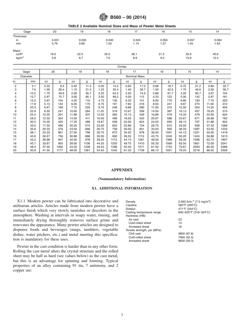 ASTM B560-00(2014) - Standard Specification for Modern Pewter Alloys