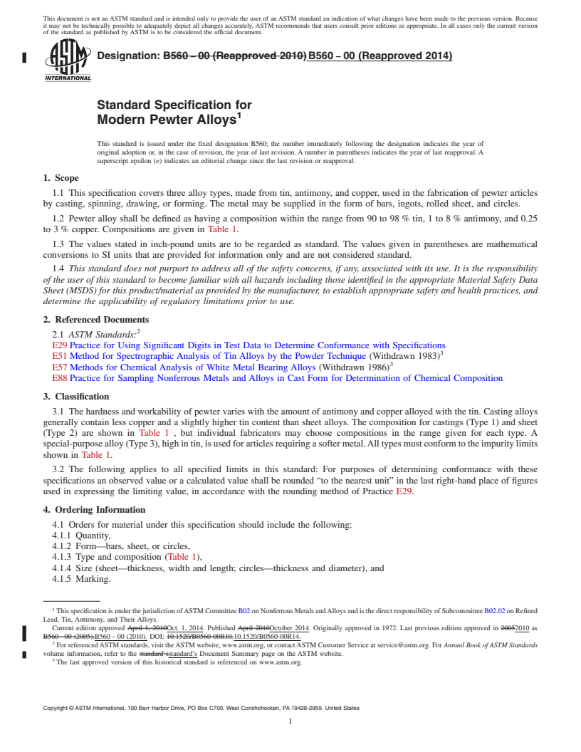 REDLINE ASTM B560-00(2014) - Standard Specification for Modern Pewter Alloys