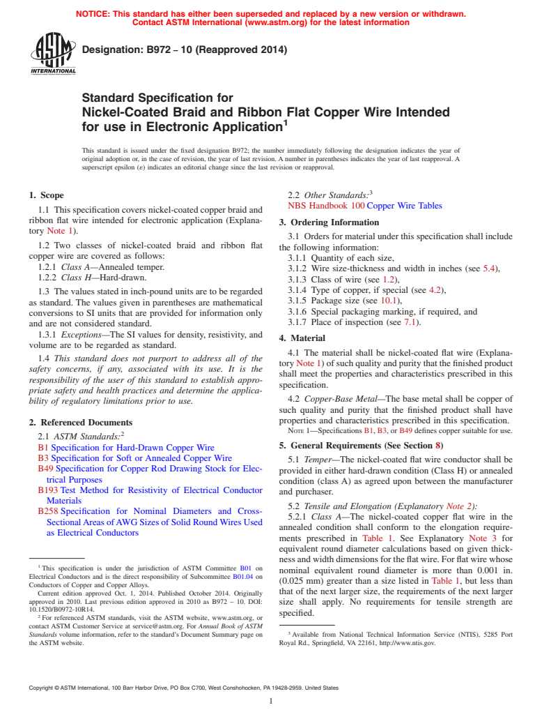 ASTM B972-10(2014) - Standard Specification for Nickel-Coated Braid and Ribbon Flat Copper Wire Intended for   use in Electronic Application