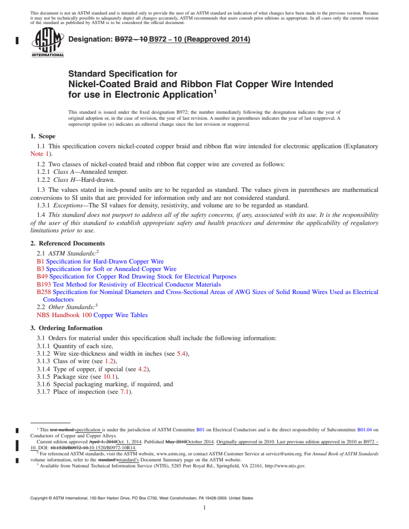 REDLINE ASTM B972-10(2014) - Standard Specification for Nickel-Coated Braid and Ribbon Flat Copper Wire Intended for   use in Electronic Application