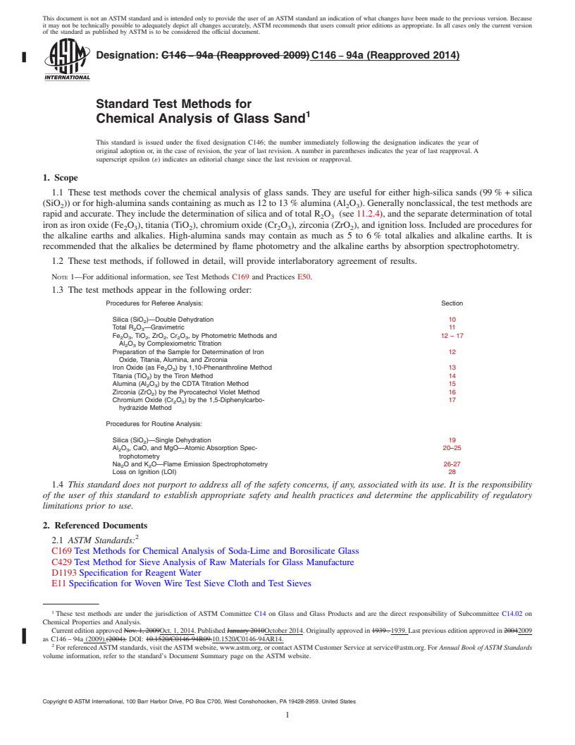 REDLINE ASTM C146-94a(2014) - Standard Test Methods for  Chemical Analysis of Glass Sand