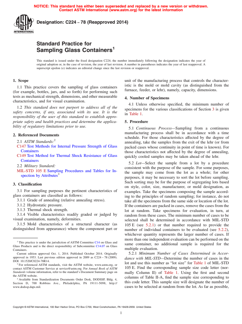 ASTM C224-78(2014) - Standard Practice for  Sampling Glass Containers