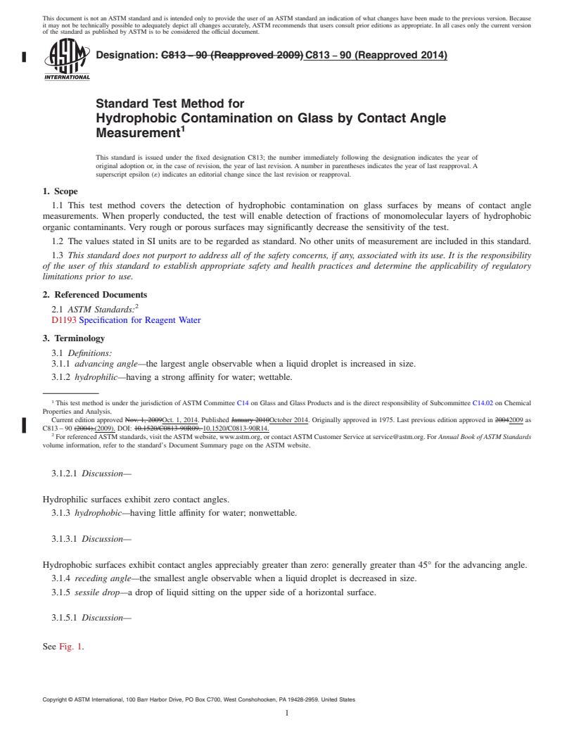 REDLINE ASTM C813-90(2014) - Standard Test Method for  Hydrophobic Contamination on Glass by Contact Angle Measurement