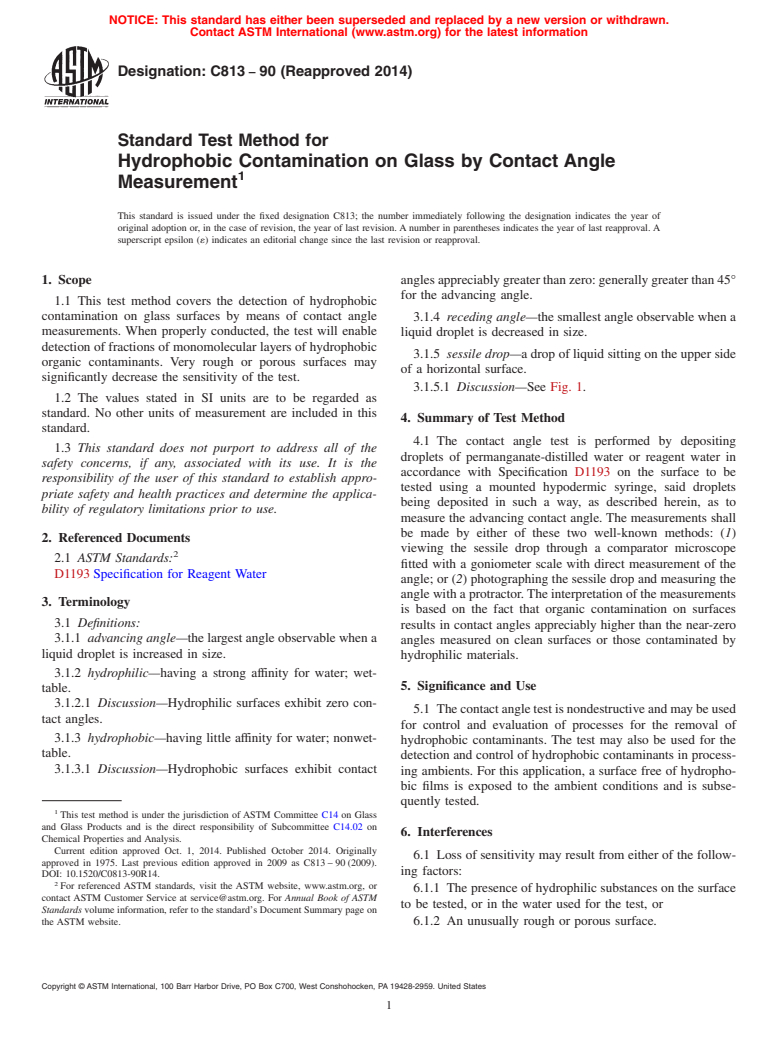 ASTM C813-90(2014) - Standard Test Method for  Hydrophobic Contamination on Glass by Contact Angle Measurement