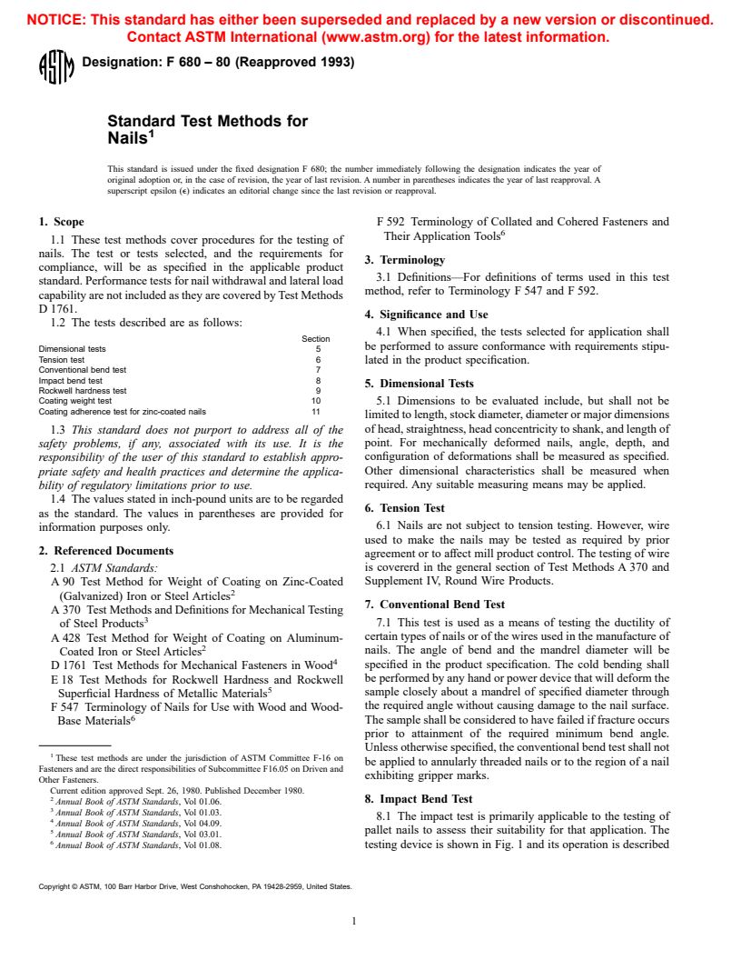 ASTM F680-80(1993) - Standard Test Methods for Nails