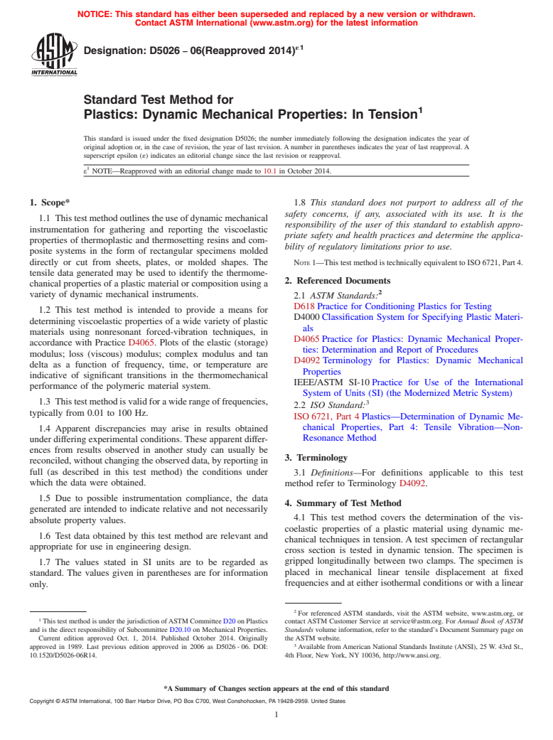 ASTM D5026-06(2014)e1 - Standard Test Method for  Plastics: Dynamic Mechanical Properties: In Tension