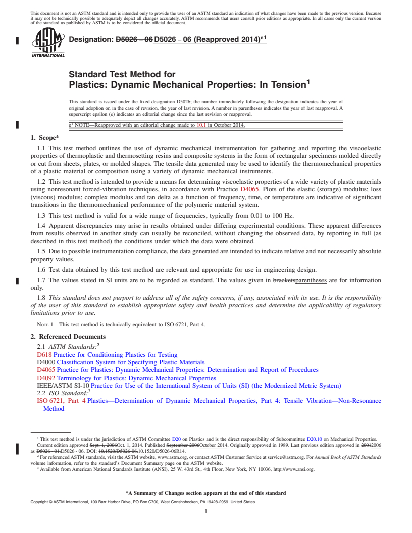 REDLINE ASTM D5026-06(2014)e1 - Standard Test Method for  Plastics: Dynamic Mechanical Properties: In Tension