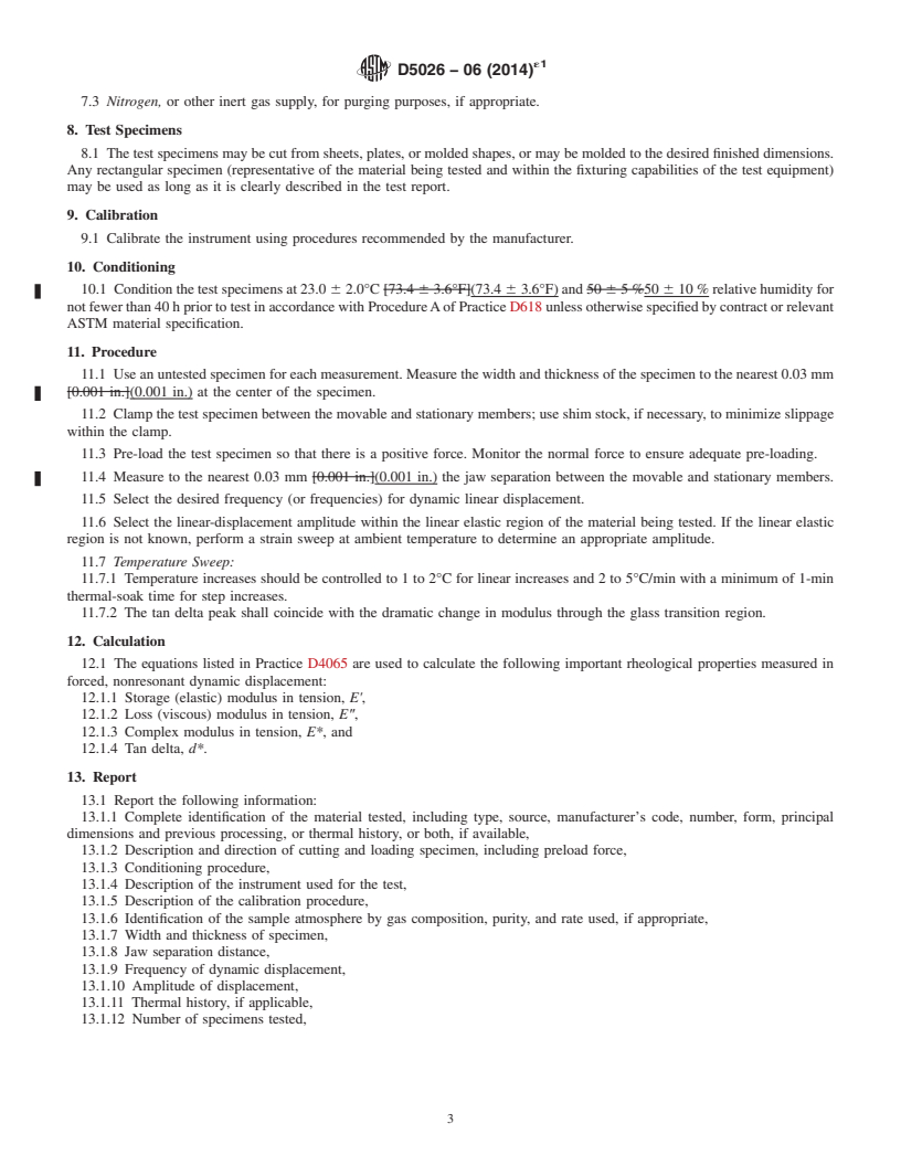 REDLINE ASTM D5026-06(2014)e1 - Standard Test Method for  Plastics: Dynamic Mechanical Properties: In Tension