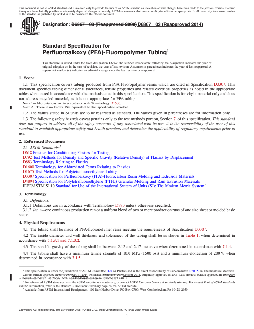 REDLINE ASTM D6867-03(2014) - Standard Specification for  Perfluoroalkoxy &#40;PFA&#41;-Fluoropolymer Tubing