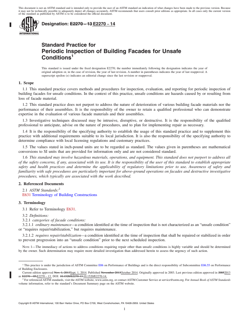 REDLINE ASTM E2270-14 - Standard Practice for Periodic Inspection of Building Facades for Unsafe Conditions
