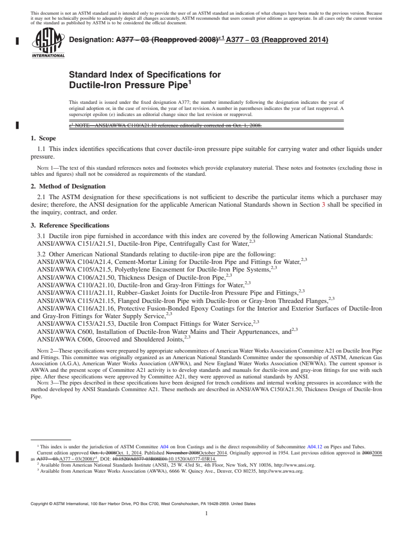 REDLINE ASTM A377-03(2014) - Standard Index of Specifications for  Ductile-Iron Pressure Pipe