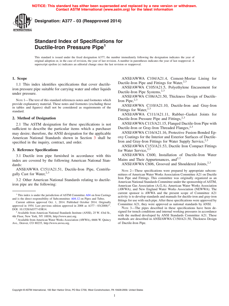 ASTM A377-03(2014) - Standard Index of Specifications for  Ductile-Iron Pressure Pipe