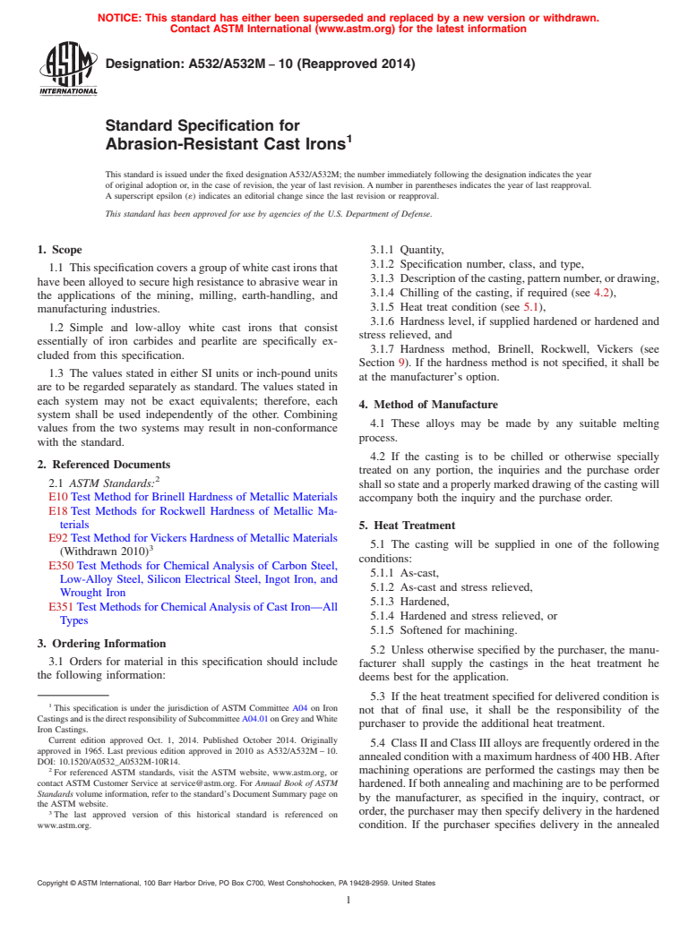 ASTM A532/A532M-10(2014) - Standard Specification for  Abrasion-Resistant Cast Irons