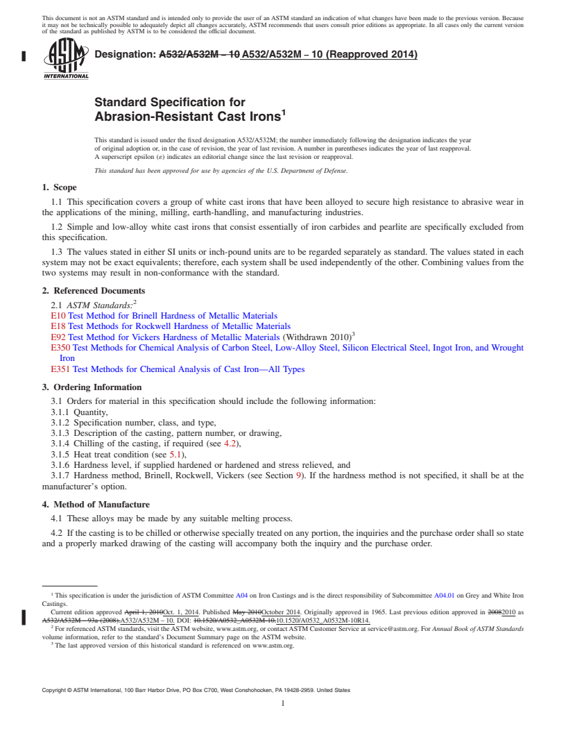 REDLINE ASTM A532/A532M-10(2014) - Standard Specification for  Abrasion-Resistant Cast Irons