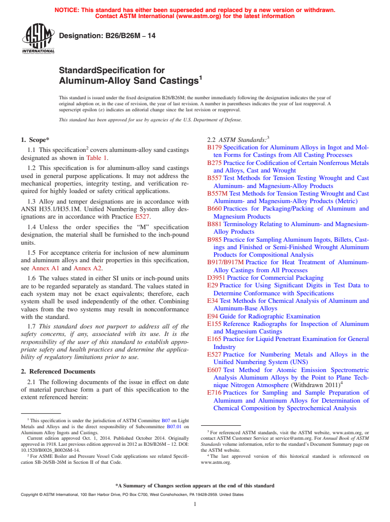 ASTM B26/B26M-14 - Standard Specification for  Aluminum-Alloy Sand Castings