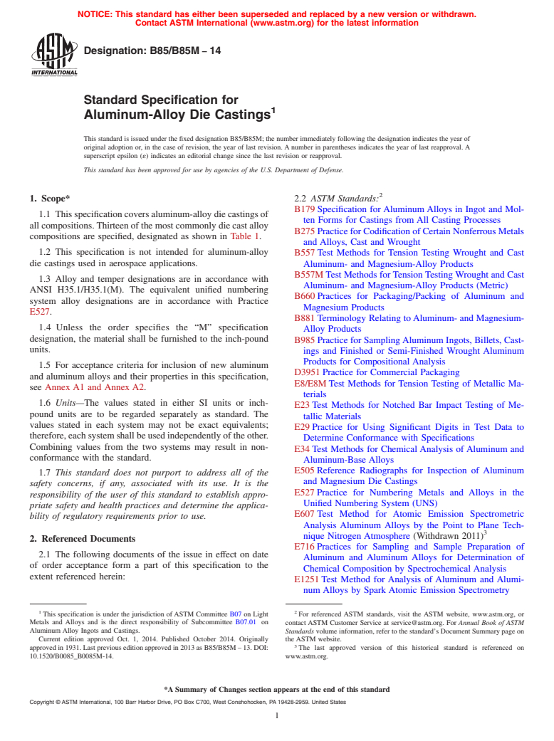 ASTM B85/B85M-14 - Standard Specification for  Aluminum-Alloy Die Castings