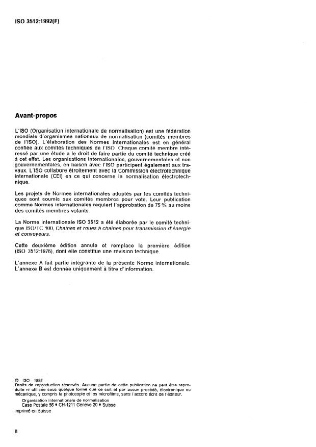 ISO 3512:1992 ISO 3512:1992 - Chaînes de transmission a maillons coudés de haute résistance - Page 2 preview