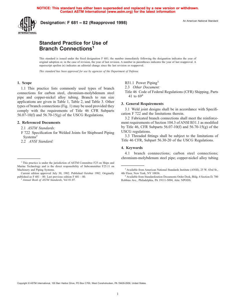 ASTM F681-82(1998) - Standard Practice for Use of Branch Connections