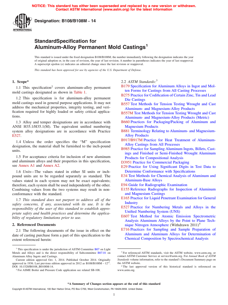 ASTM B108/B108M-14 - Standard Specification for  Aluminum-Alloy Permanent Mold Castings