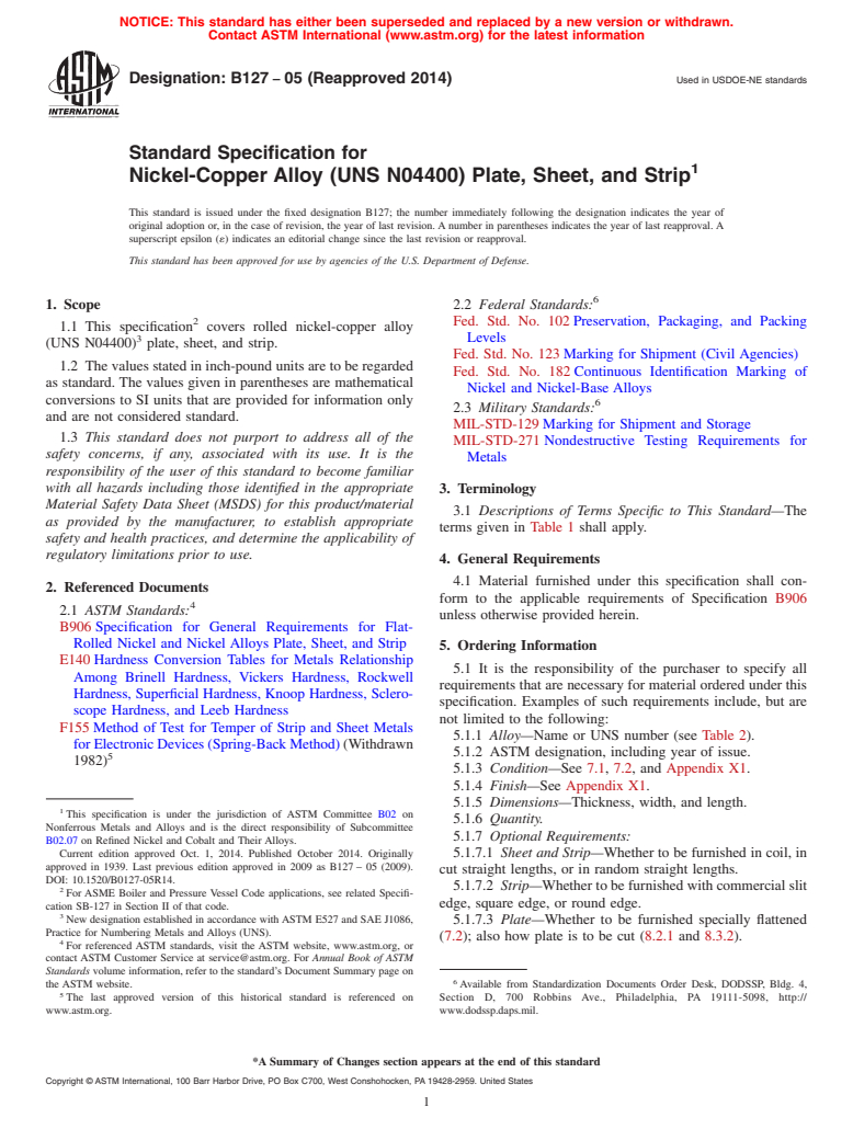 ASTM B127-05(2014) - Standard Specification for Nickel-Copper Alloy &#40;UNS N04400&#41; Plate, Sheet, and Strip