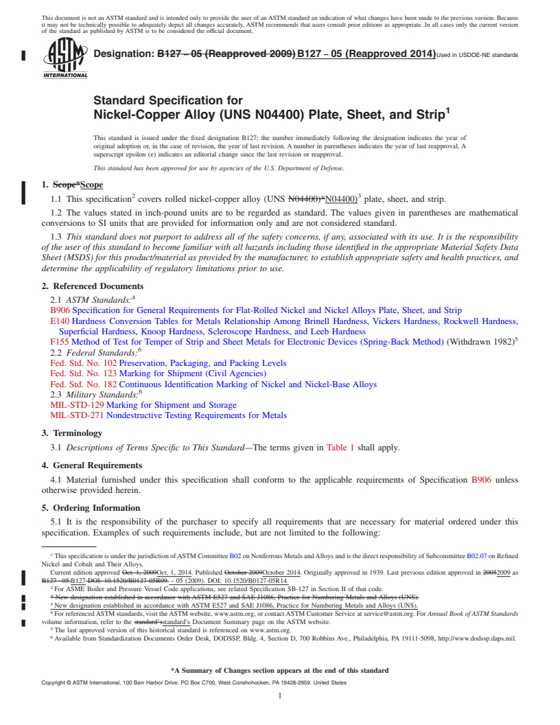 REDLINE ASTM B127-05(2014) - Standard Specification for Nickel-Copper Alloy &#40;UNS N04400&#41; Plate, Sheet, and Strip