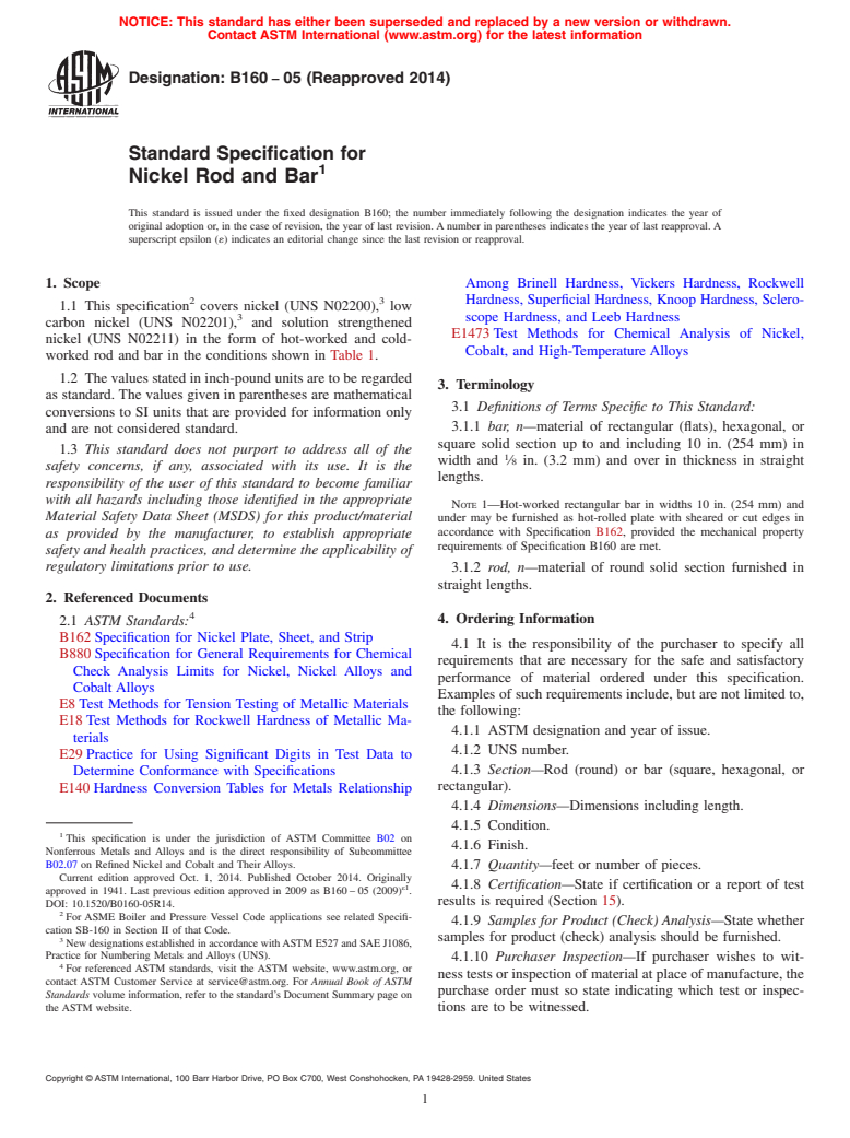 ASTM B160-05(2014) - Standard Specification for Nickel Rod and Bar