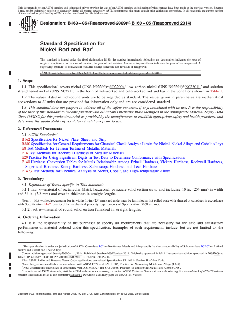 REDLINE ASTM B160-05(2014) - Standard Specification for Nickel Rod and Bar