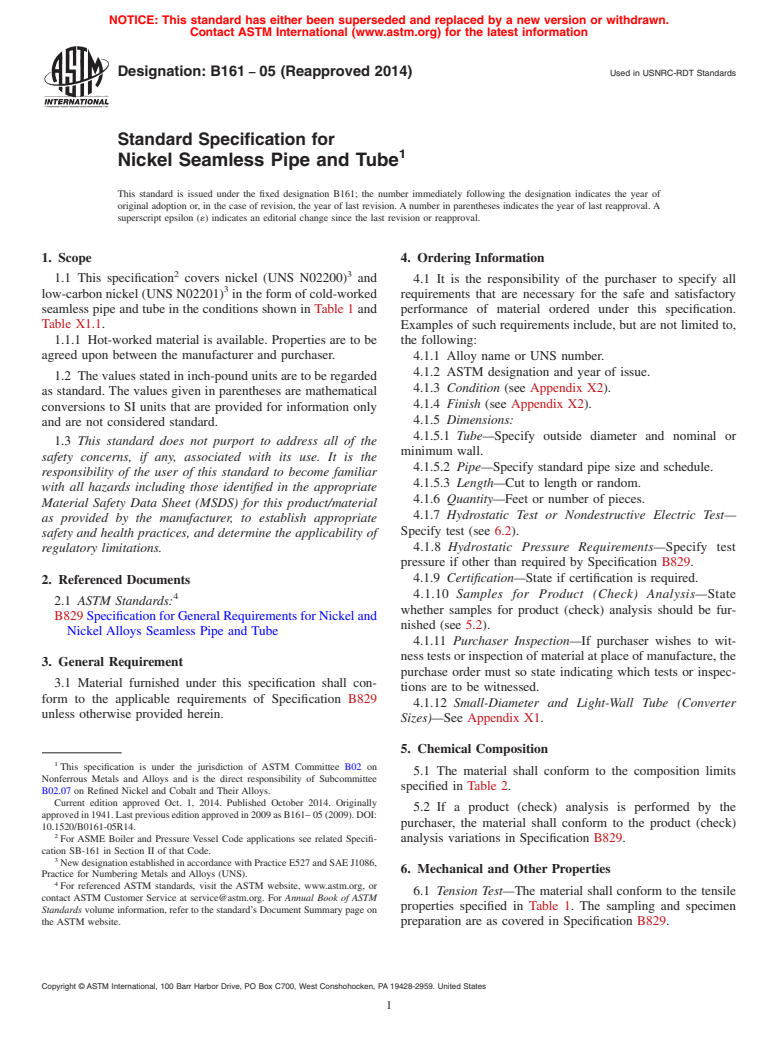 ASTM B161-05(2014) - Standard Specification for Nickel Seamless Pipe and Tube