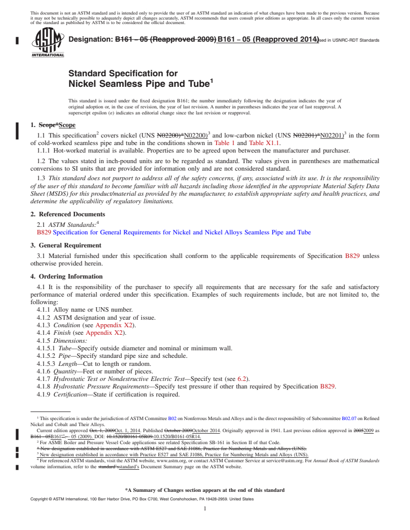 REDLINE ASTM B161-05(2014) - Standard Specification for Nickel Seamless Pipe and Tube