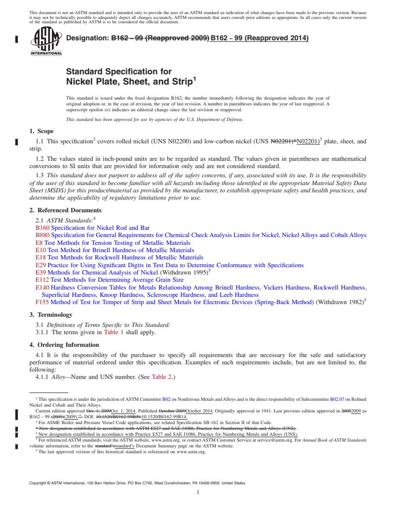 REDLINE ASTM B162-99(2014) - Standard Specification for Nickel Plate, Sheet, and Strip