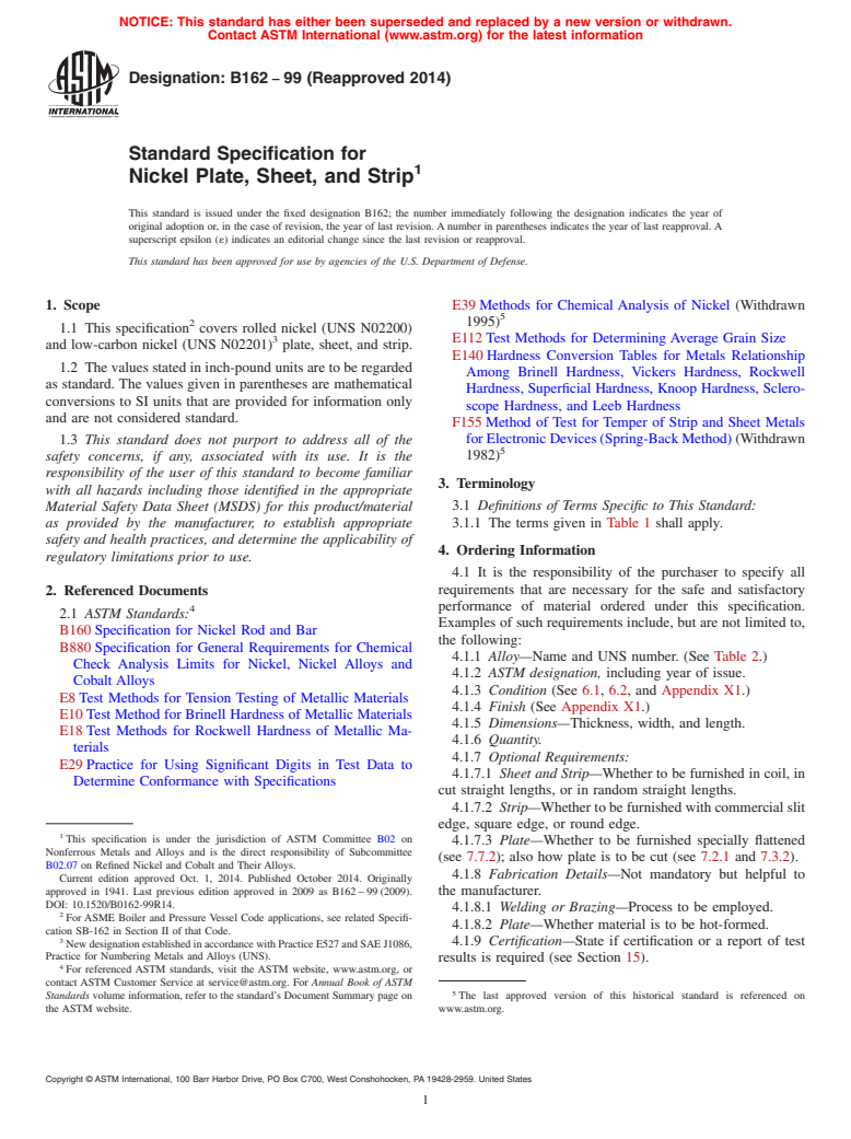 ASTM B162-99(2014) - Standard Specification for Nickel Plate, Sheet, and Strip