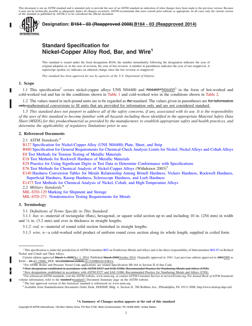 REDLINE ASTM B164-03(2014) - Standard Specification for Nickel-Copper Alloy Rod, Bar, and Wire