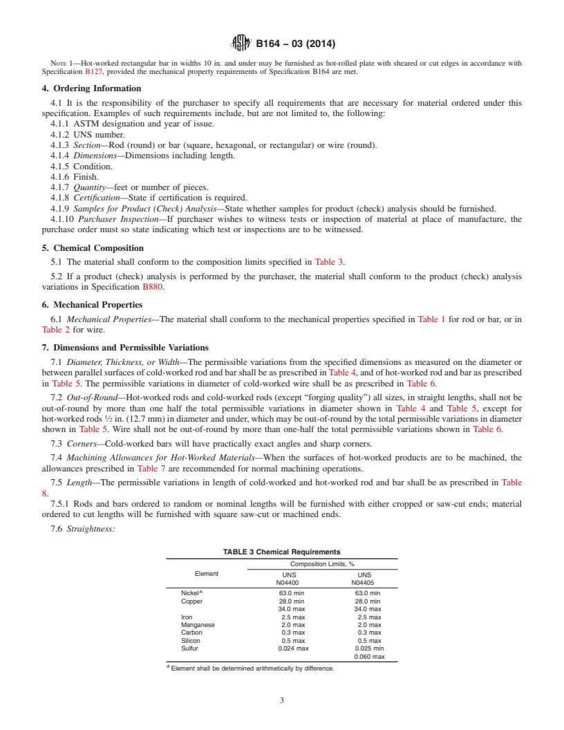 REDLINE ASTM B164-03(2014) - Standard Specification for Nickel-Copper Alloy Rod, Bar, and Wire