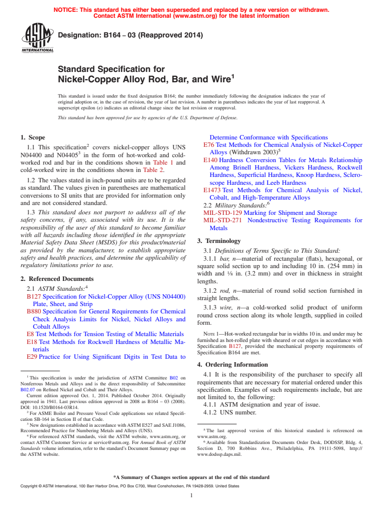 ASTM B164-03(2014) - Standard Specification for Nickel-Copper Alloy Rod, Bar, and Wire