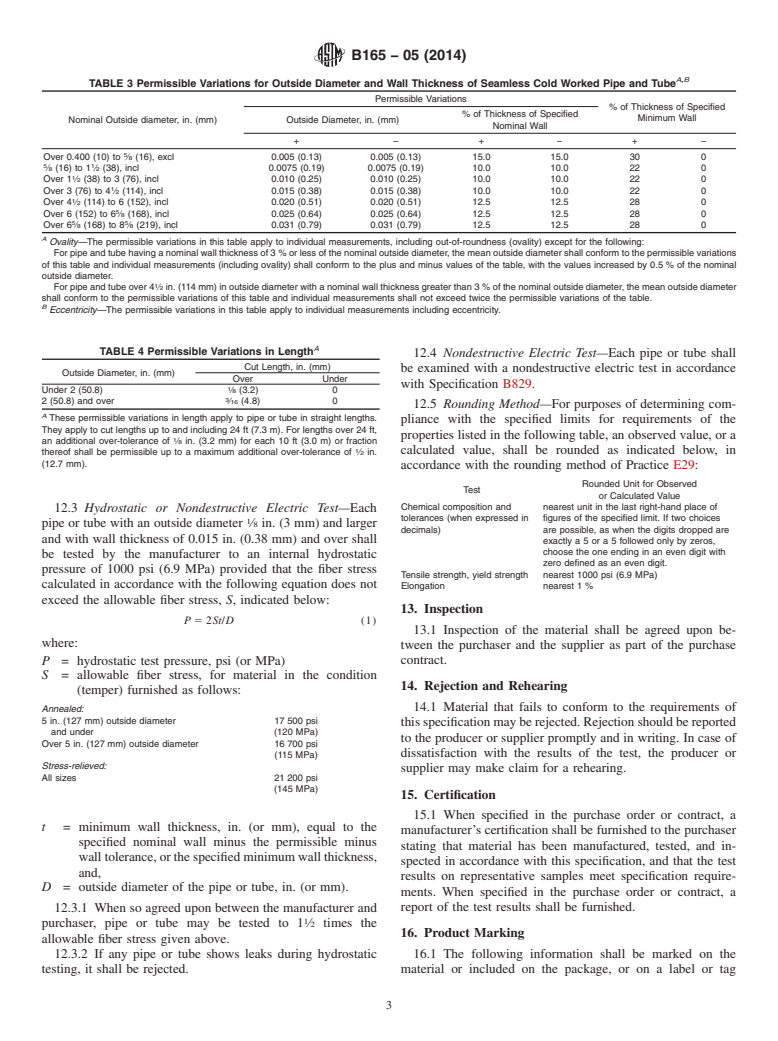 ASTM B165-05(2014) - Standard Specification for Nickel-Copper Alloy &#40;UNS N04400&#41; Seamless Pipe and Tube