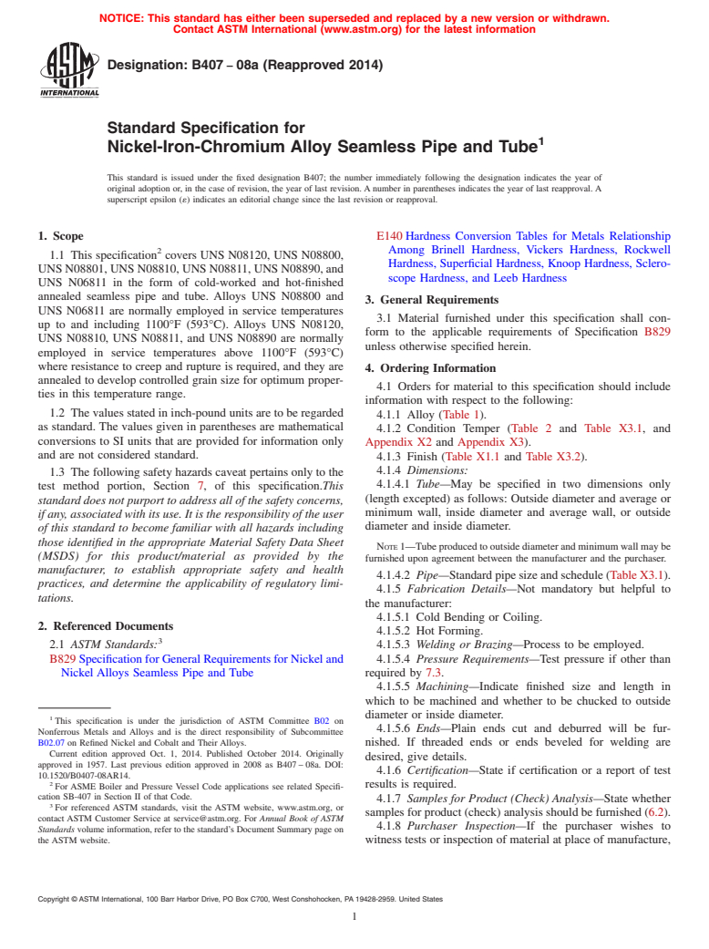 ASTM B407-08a(2014) - Standard Specification for Nickel-Iron-Chromium Alloy Seamless Pipe and Tube