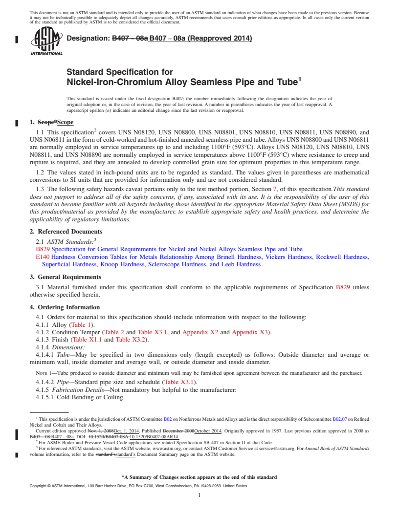 REDLINE ASTM B407-08a(2014) - Standard Specification for Nickel-Iron-Chromium Alloy Seamless Pipe and Tube