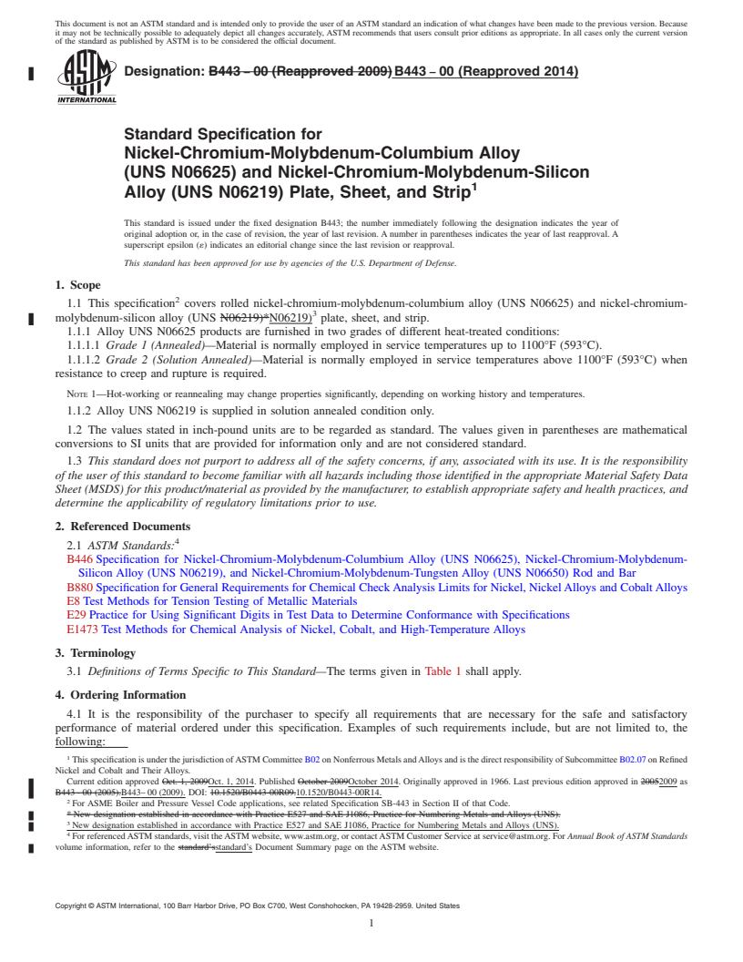 REDLINE ASTM B443-00(2014) - Standard Specification for Nickel-Chromium-Molybdenum-Columbium Alloy<brk/>&#40;UNS N06625&#41;  and Nickel-Chromium-Molybdenum-Silicon<brk/>Alloy &#40;UNS N06219&#41; Plate,  Sheet, and Strip