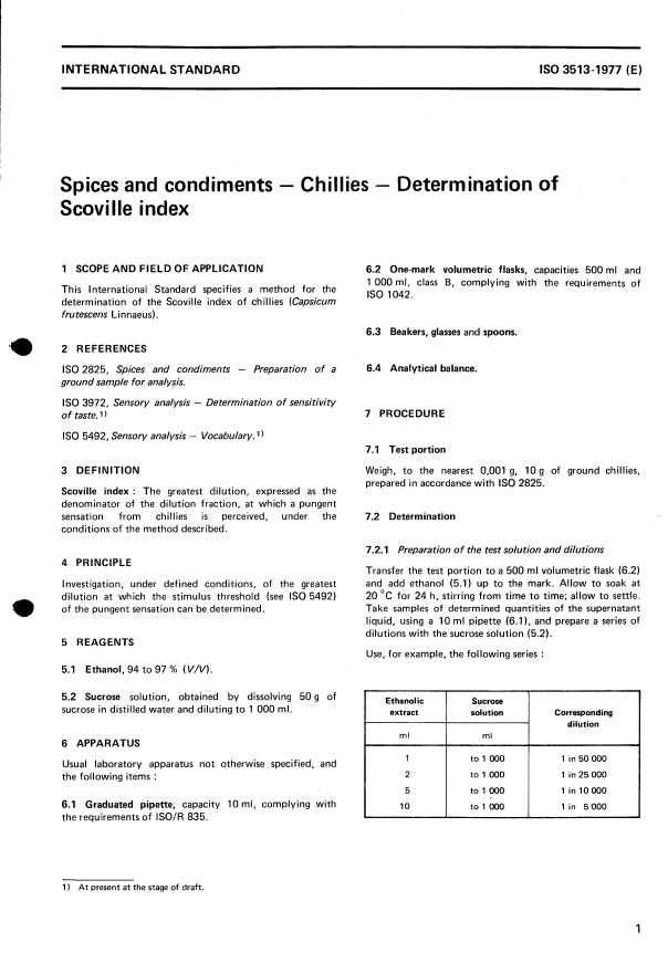 ISO 3513:1977 - Spices and condiments -- Chillies -- Determination of Scoville index