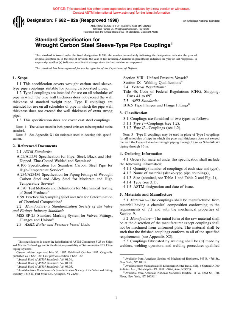 ASTM F682-82a(1998) - Standard Specification for Wrought Carbon Steel Sleeve-Type Pipe Couplings