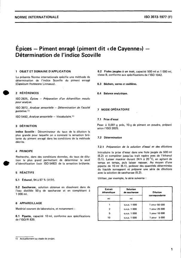 ISO 3513:1977 - Épices -- Piment enragé (piment dit "de Cayenne") -- Détermination de l'indice Scoville