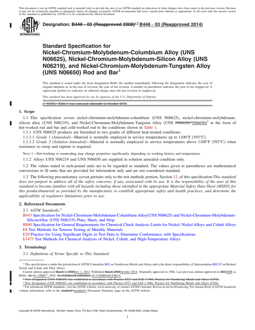 REDLINE ASTM B446-03(2014) - Standard Specification for Nickel-Chromium-Molybdenum-Columbium Alloy &#40;UNS N06625&#41;, Nickel-Chromium-Molybdenum-Silicon    Alloy &#40;UNS N06219&#41;, and Nickel-Chromium-Molybdenum-Tungsten Alloy  &#40;UNS N06650&#41; Rod and Bar