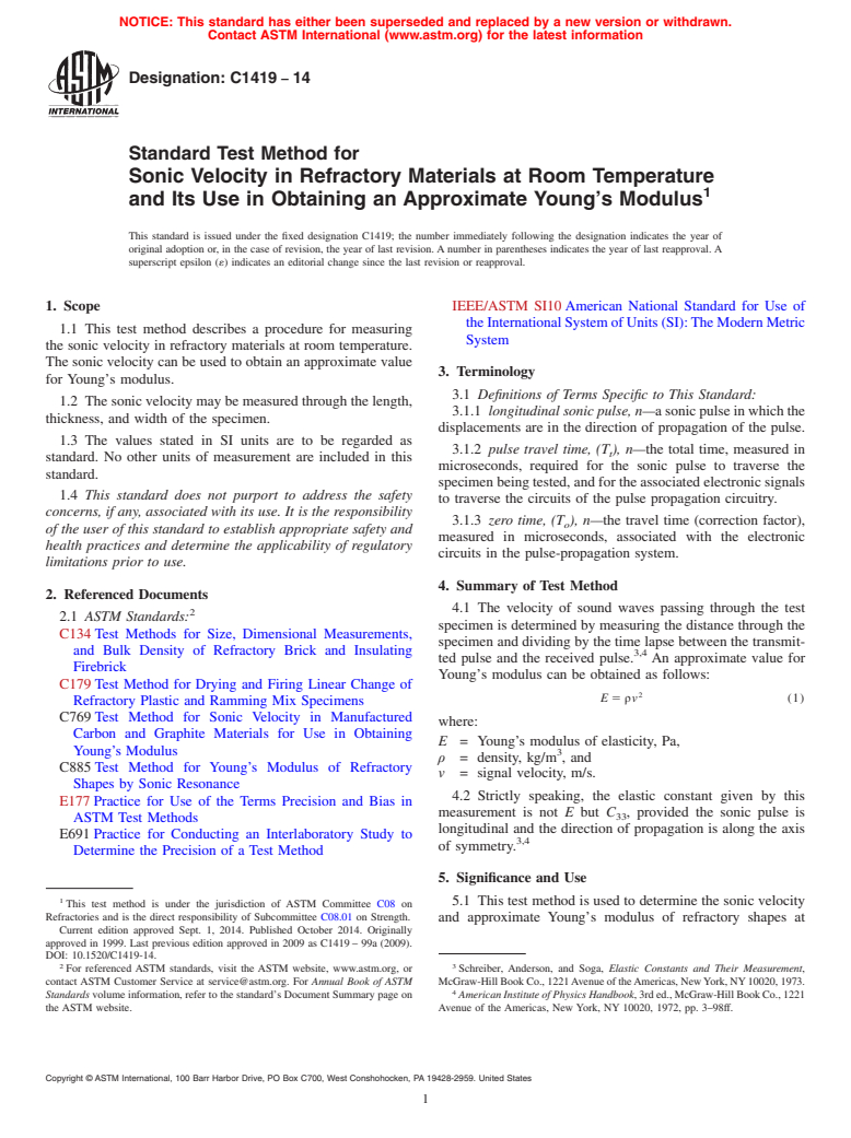 ASTM C1419-14 - Standard Test Method for Sonic Velocity in Refractory Materials at Room Temperature  and Its Use in Obtaining an Approximate Young&rsquo;s Modulus