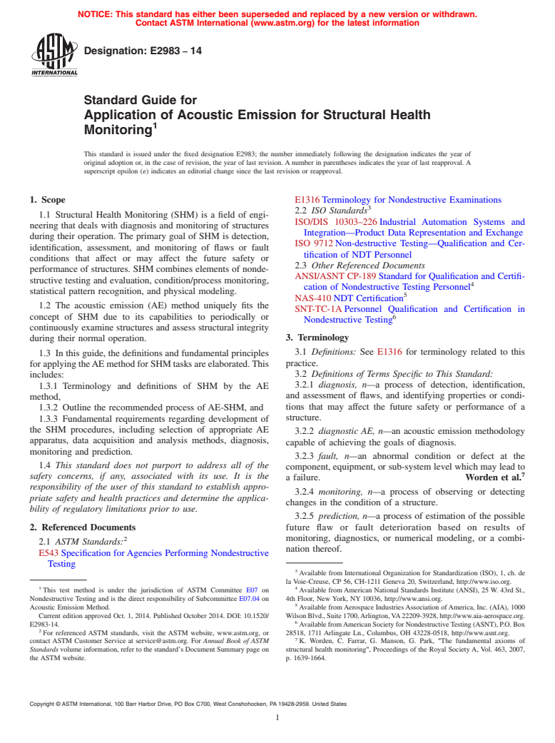 ASTM E2983-14 - Standard Guide for  Application of Acoustic Emission for Structural Health Monitoring