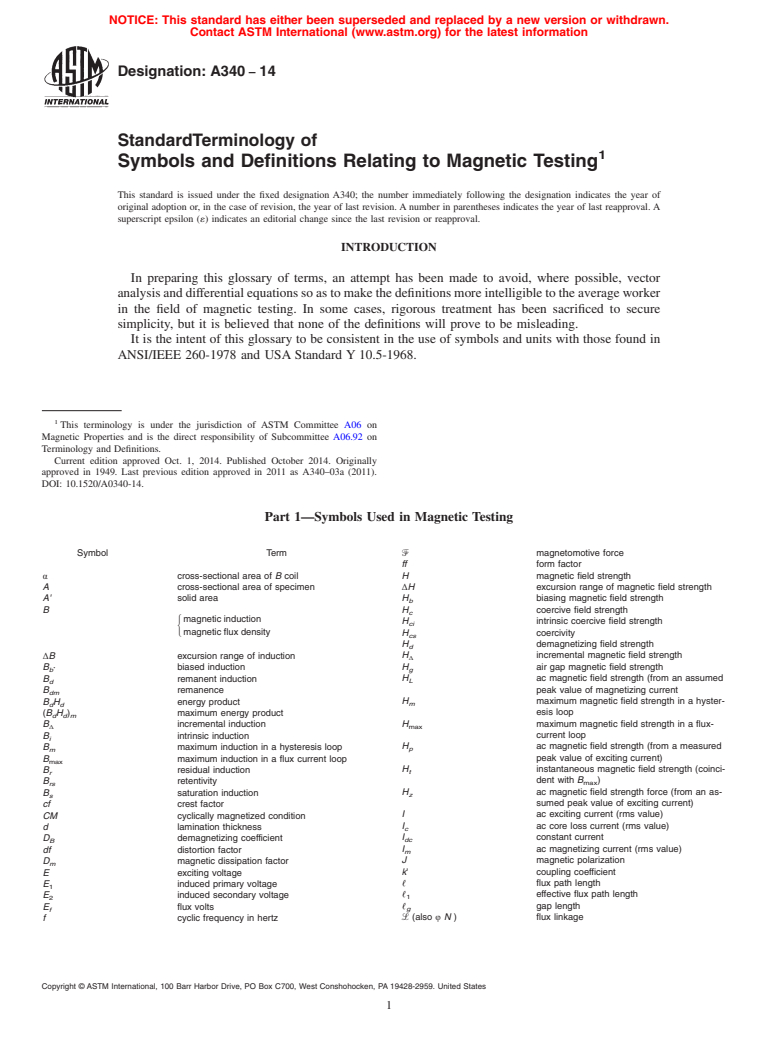 ASTM A340-14 - Standard Terminology of Symbols and Definitions Relating to Magnetic Testing