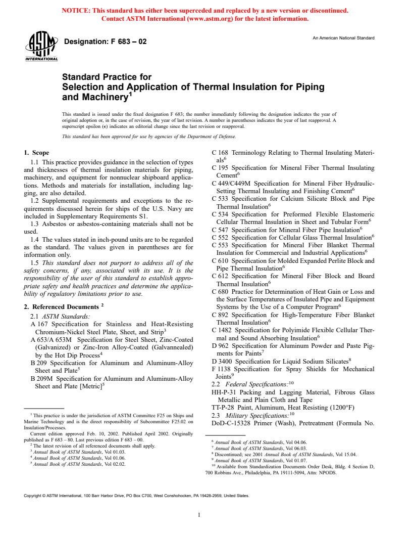 ASTM F683-02 - Standard Practice for Selection and Application of Thermal Insulation for Piping and Machinery