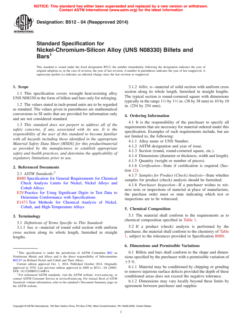 ASTM B512-04(2014) - Standard Specification for Nickel-Chromium-Silicon Alloy &#40;UNS N08330&#41; Billets and Bars