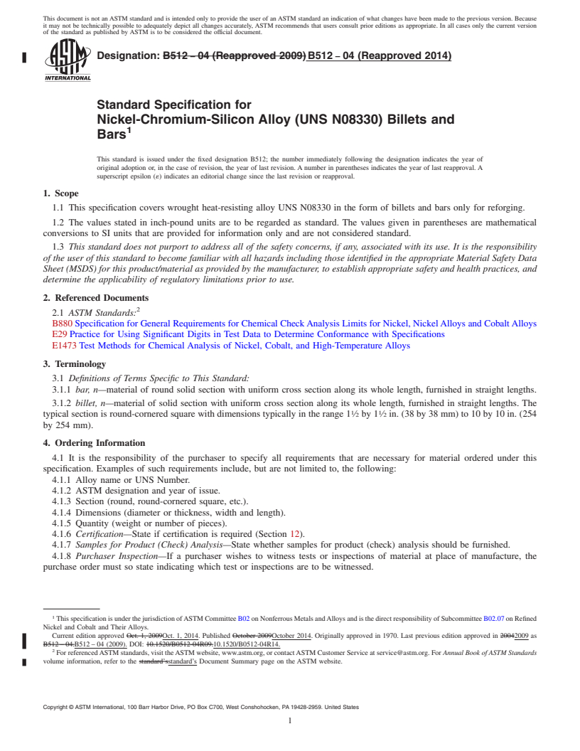 REDLINE ASTM B512-04(2014) - Standard Specification for Nickel-Chromium-Silicon Alloy &#40;UNS N08330&#41; Billets and Bars