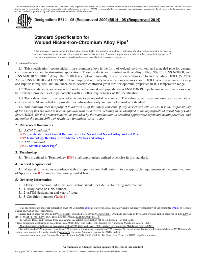 REDLINE ASTM B514-05(2014) - Standard Specification for Welded Nickel-Iron-Chromium Alloy Pipe